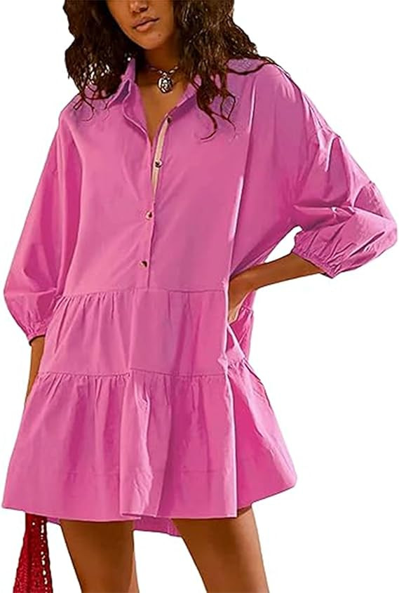 Zontroldy Women's Oversized Casual Collared Babydoll Mini Dresses Puff Sleeve A-line Tiered Shirt... | Amazon (US)