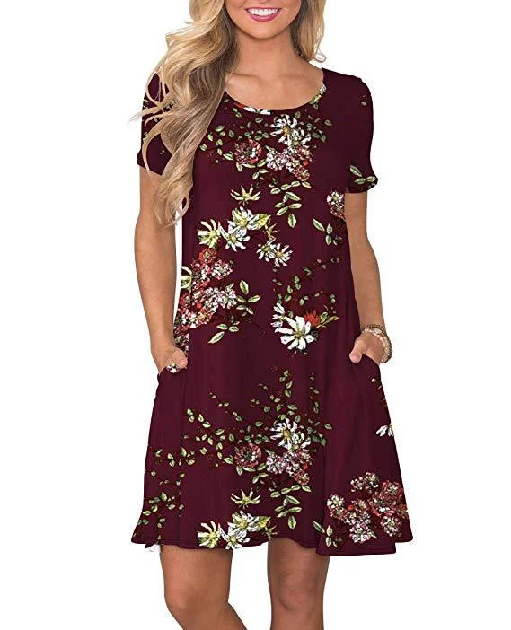 Women's Leisure Popular Floral Print Round Neck Element Pocket Stitching Short Sleeve Dress | Walmart (US)