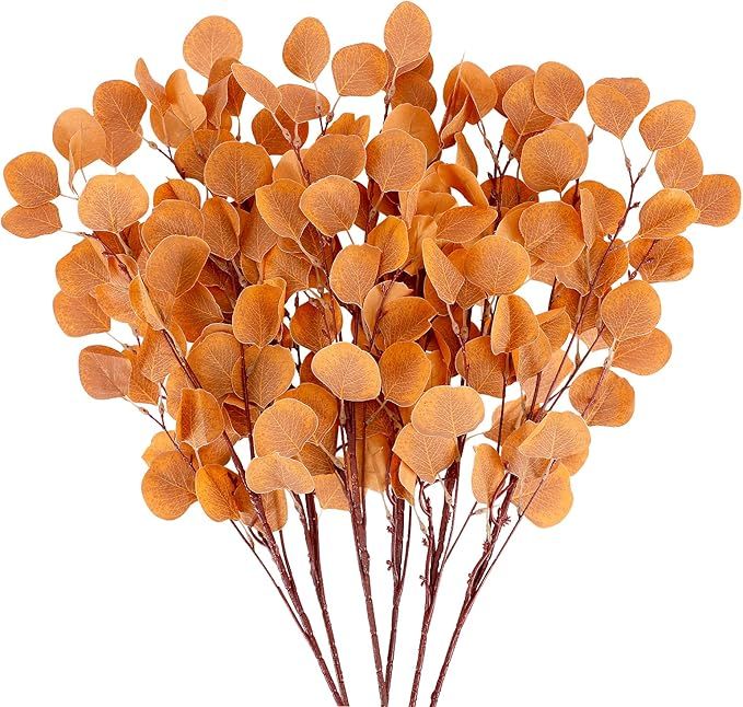 CEWOR 6pcs Fall Stems Artificial Eucalyptus Leaves 33.5in Orange Fake Eucalyptus Branches Autumn ... | Amazon (US)