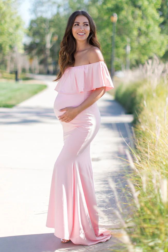 PinkBlush Pink Ruffle Off Shoulder Mermaid Maternity Photoshoot Gown/Dress | PinkBlush Maternity