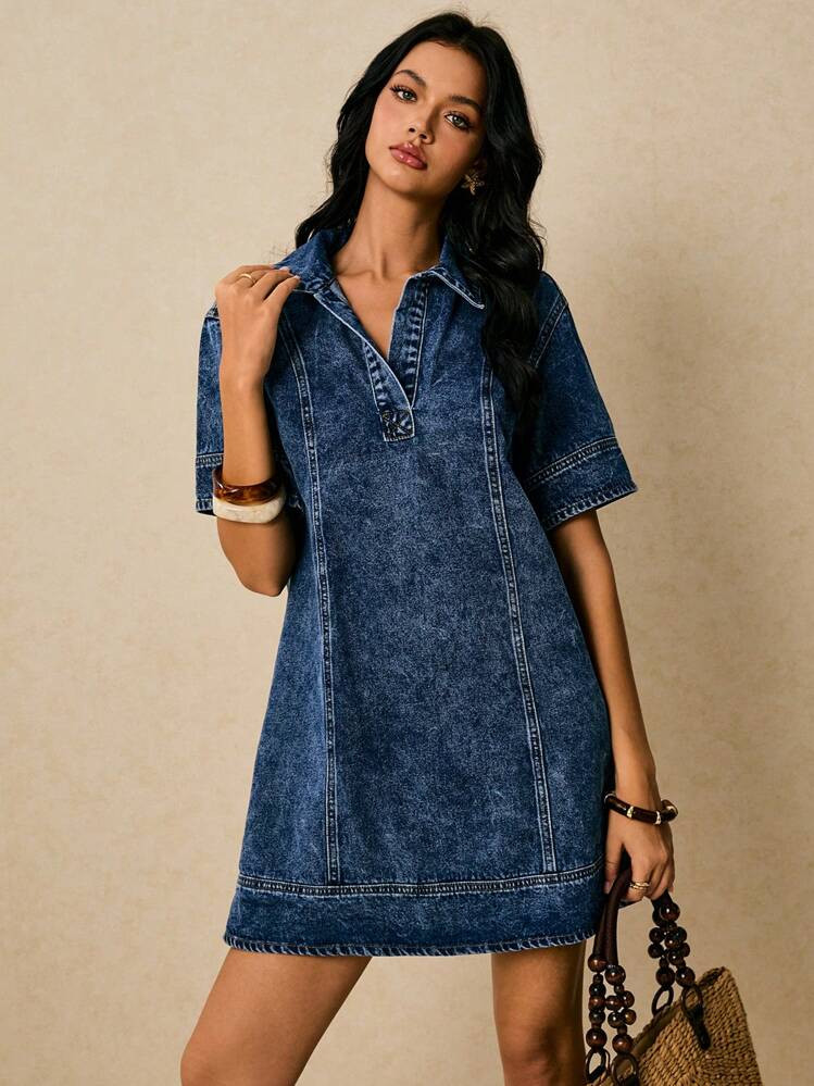 Poéselle Y2K Washed Denim Polo Mini Dress – Vintage Fall Streetwear & Back-To-School Essential,Fall Women Clothes, Denim Dress Fall, Back To School Clothes, Y2k Clothes Women, Country Concert Outfit, Streetwear Women, Autumn Outfit, Going Out Outfits , Women Denim Dress, 70s Denim Dress, Old Money, Business Casual Woman | SHEIN