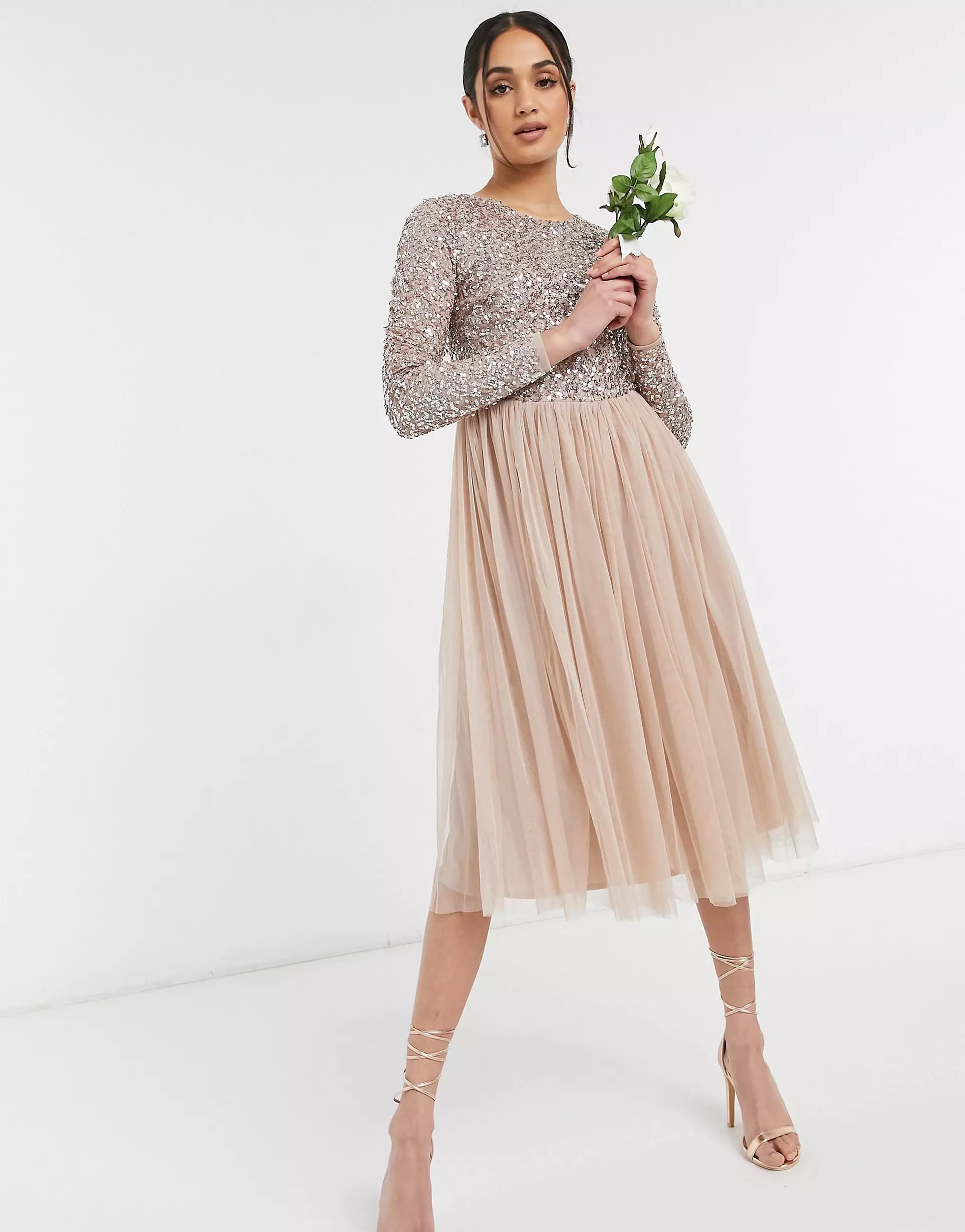 Maya Bridesmaid long sleeve midi tulle dress with tonal delicate sequin in taupe blush | ASOS (Global)