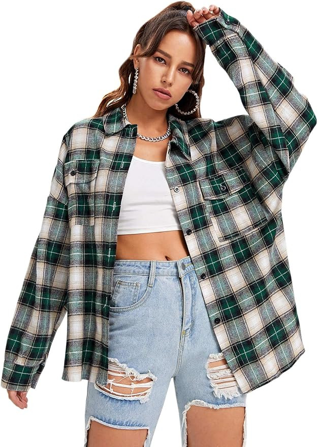 SweatyRocks Women's Long Sleeve Collar Long Button Down Plaid Shirt Blouse Tops | Amazon (US)