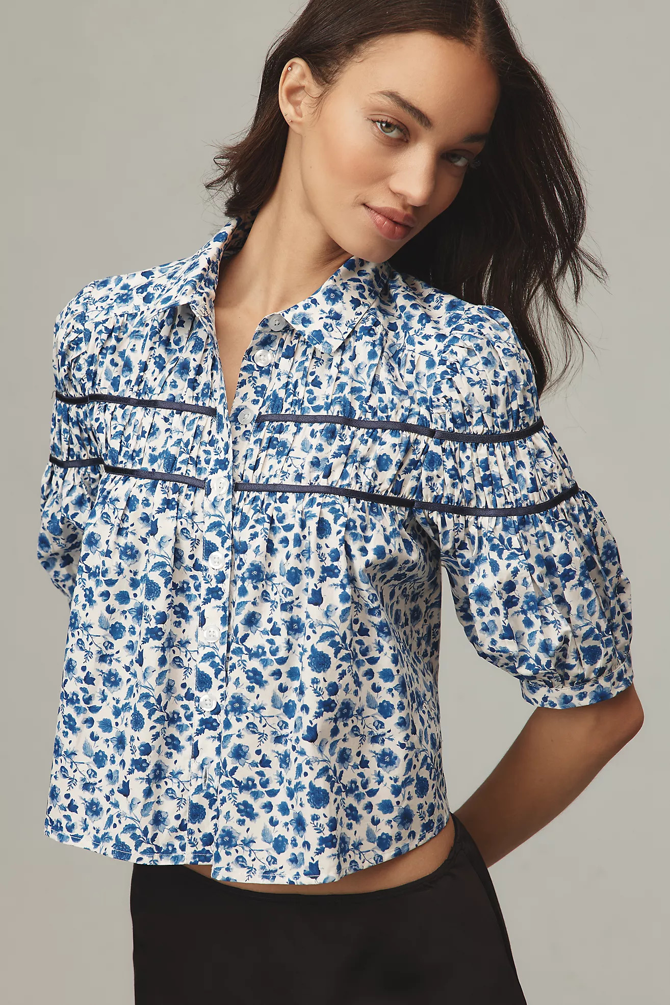 The Leandra Shirred Yoke Blouse by Maeve: Striped Hearts Edition | Anthropologie (US)
