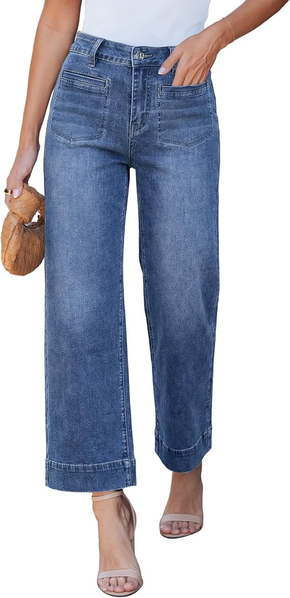 GRAPENT Wide Leg Jeans for Women Cropped High Waisted Trendy Patch Pocket Baggy Loose Straight Le... | Amazon (US)