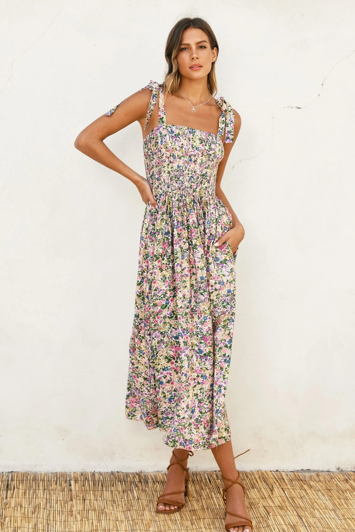 Pink Floral Smocked Shoulder Tie Midi Dress | PinkBlush Maternity