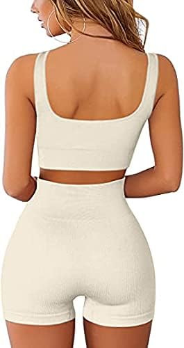 Ensemble d'entraînement côtelé 2 pièces pour femme - Haut court taille haute - Short de cours... | Amazon (CA)