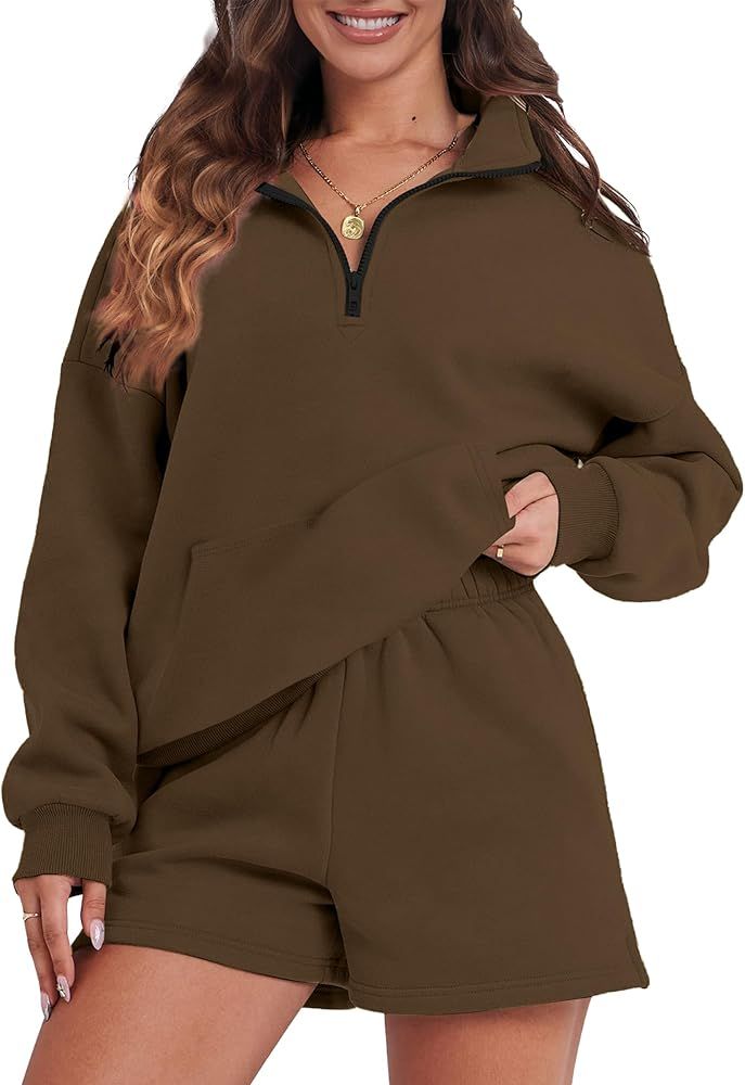 Womens Sweatsuits 2 Piece Outfits Half Zip Sweatshirt Sweat Shorts with Pockets Lounge Sets | Amazon (US)