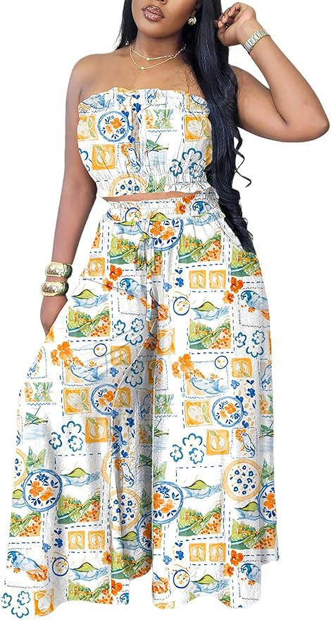 Two Piece Sets for Women Summer Outfits Crop Tops and Wide Leg Pants Sets Sexy Jumpsuits Vacation... | Amazon (US)