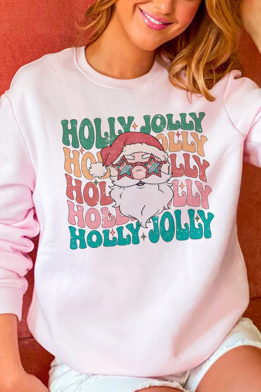 HOLLY JOLLY SANTA GRAPHIC SWEATSHIRT PINK / S | Casual Chic Boutique