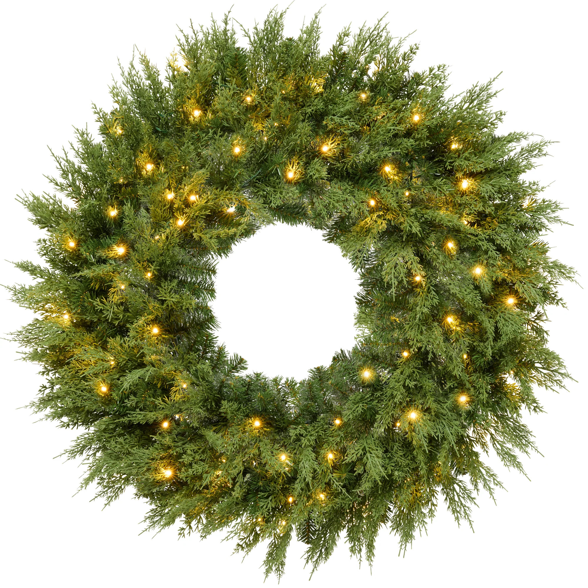 Pre-Lit Cedar Cypress Christmas Wreath w/ Twinkling LEDs, Realistic Large Indoor/Outdoor Holiday Decor, Plug-In | Shop Simon