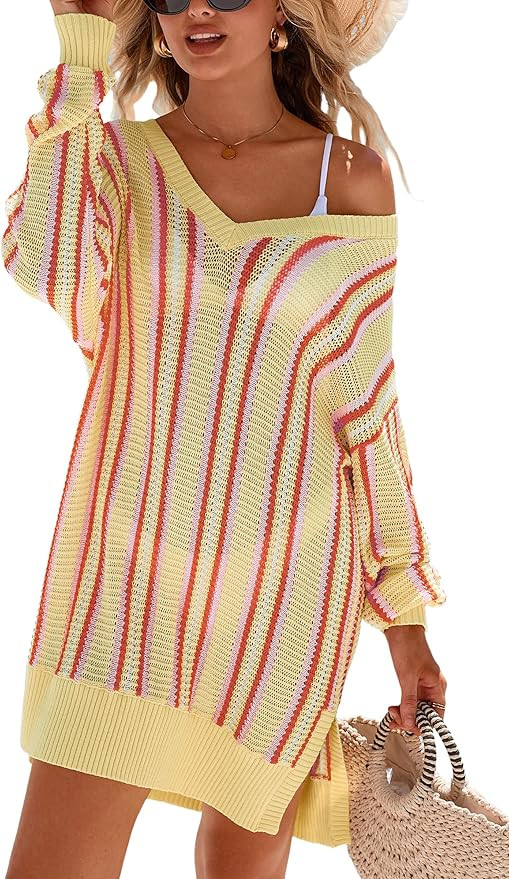 Arach&Cloz Women's Linen Blend Summer Swim Suit Cover Up V Neck Crochet Dress Striped Beach Vacat... | Amazon (US)