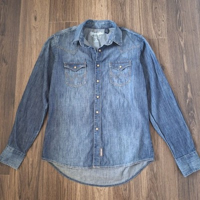 💙 Wrangler Retro Denim Jeans Snap Buttons Shirt Size M/L Western Country Cowgir | eBay US
