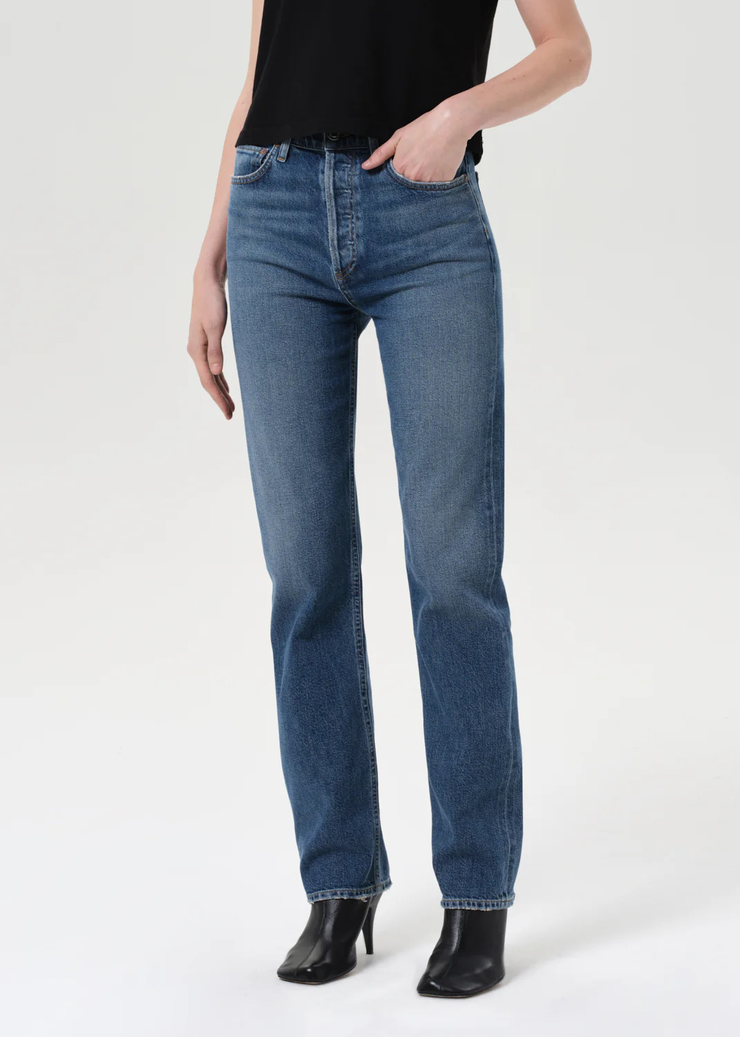 90's Pinch Waist High Rise Straight Long (Comfort Stretch) in Overcast | AGOLDE