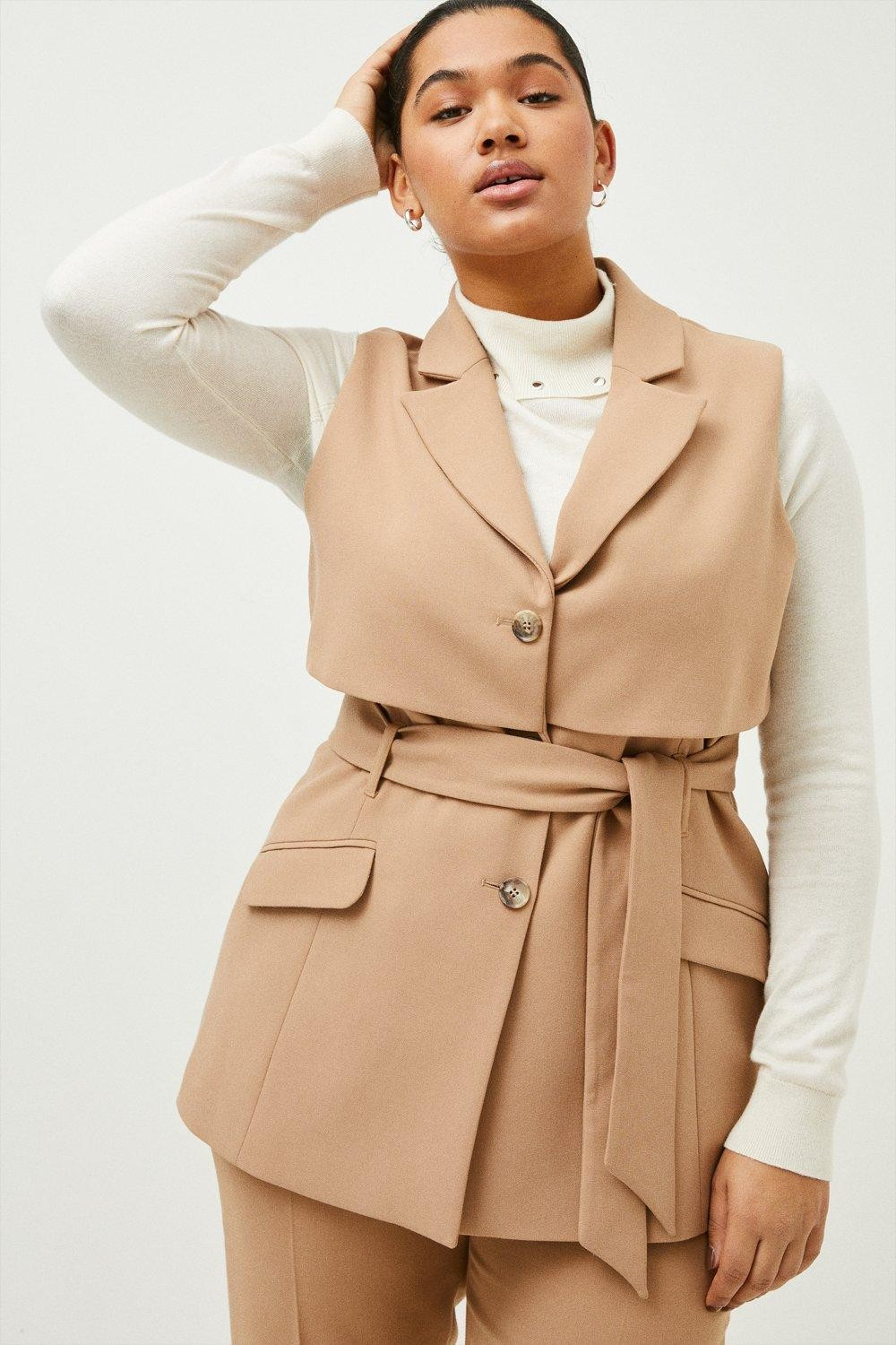 Curve Compact Stretch Tie Sleeveless Jacket | Karen Millen UK & IE