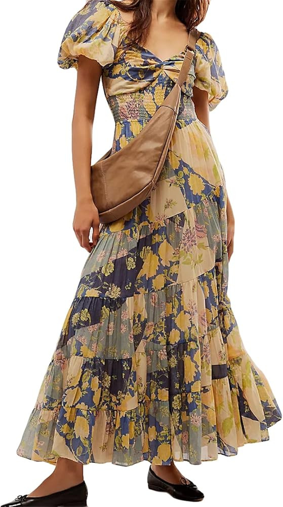 Recious Womens Sexy Puff Sleeve V Neck Ruched Floral Printed A-Line Party Clubwear Vacation Dress | Amazon (US)