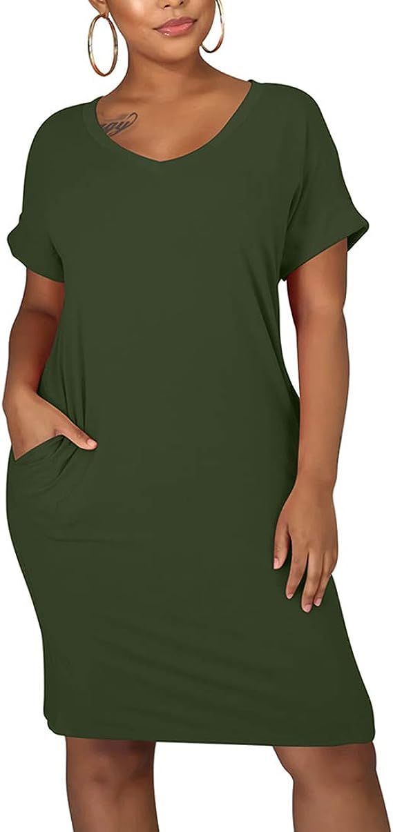 cailami Women's Summer V Neck Short Sleeve Midi Tshirt Dresses Casual Tunic Dress with Pockets | Amazon (US)