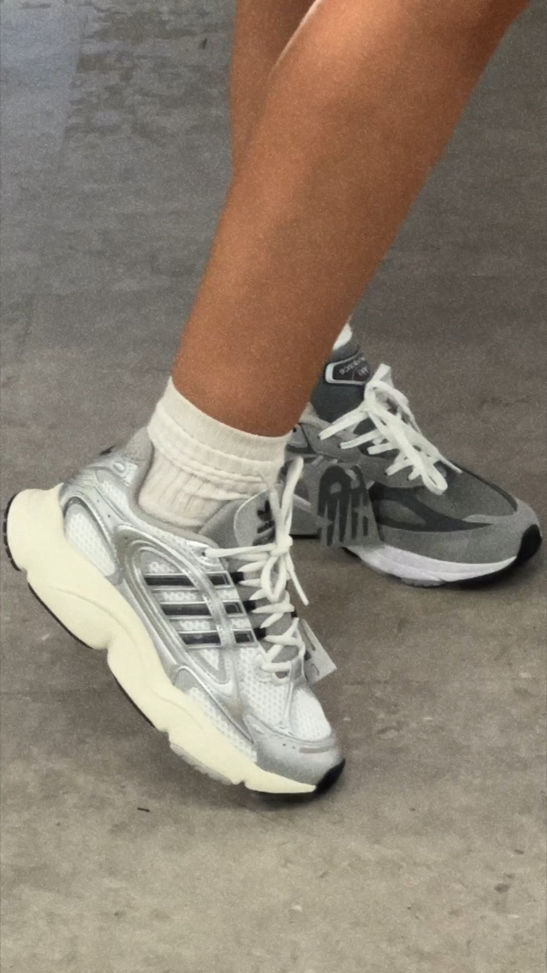 both true to size ◡̈

new balance: 7w
Adidas: 5.5 kids