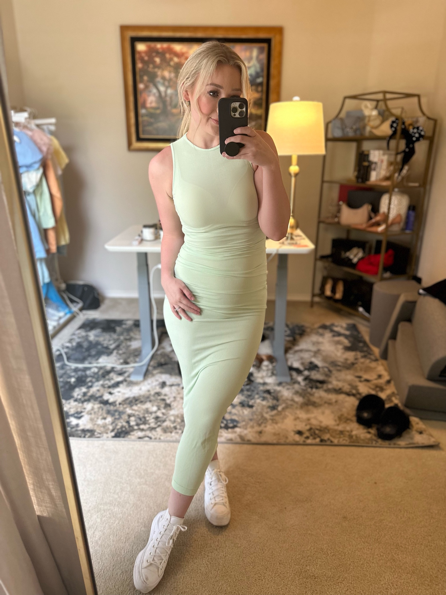 Wearing size XS- a bit see through so you need to wear spanx or nude underwear with no seams