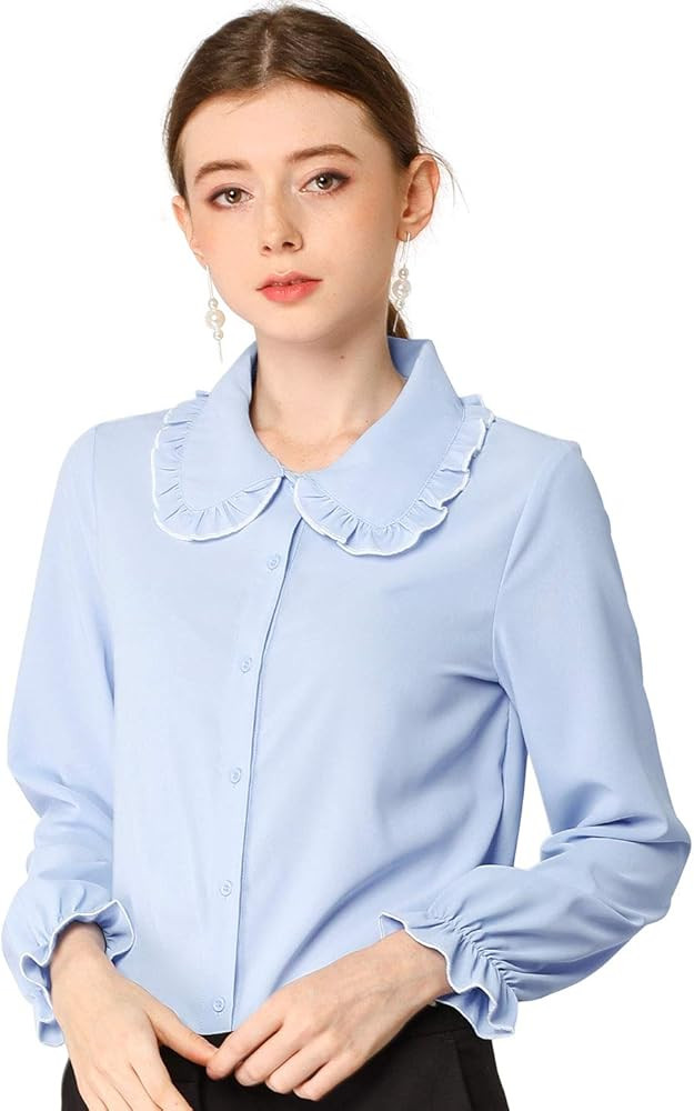 Allegra K Women's Sweet Ruffle Peter Pan Collar Long Sleeves Button Up Shirt | Amazon (US)