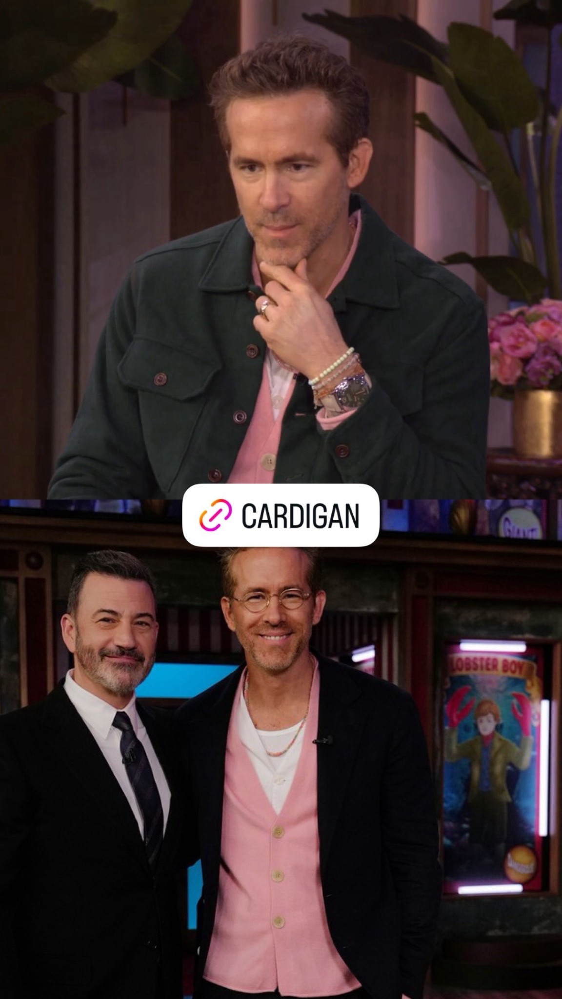 Ryan Reynolds wearing a pink Guest in Residence cardigann