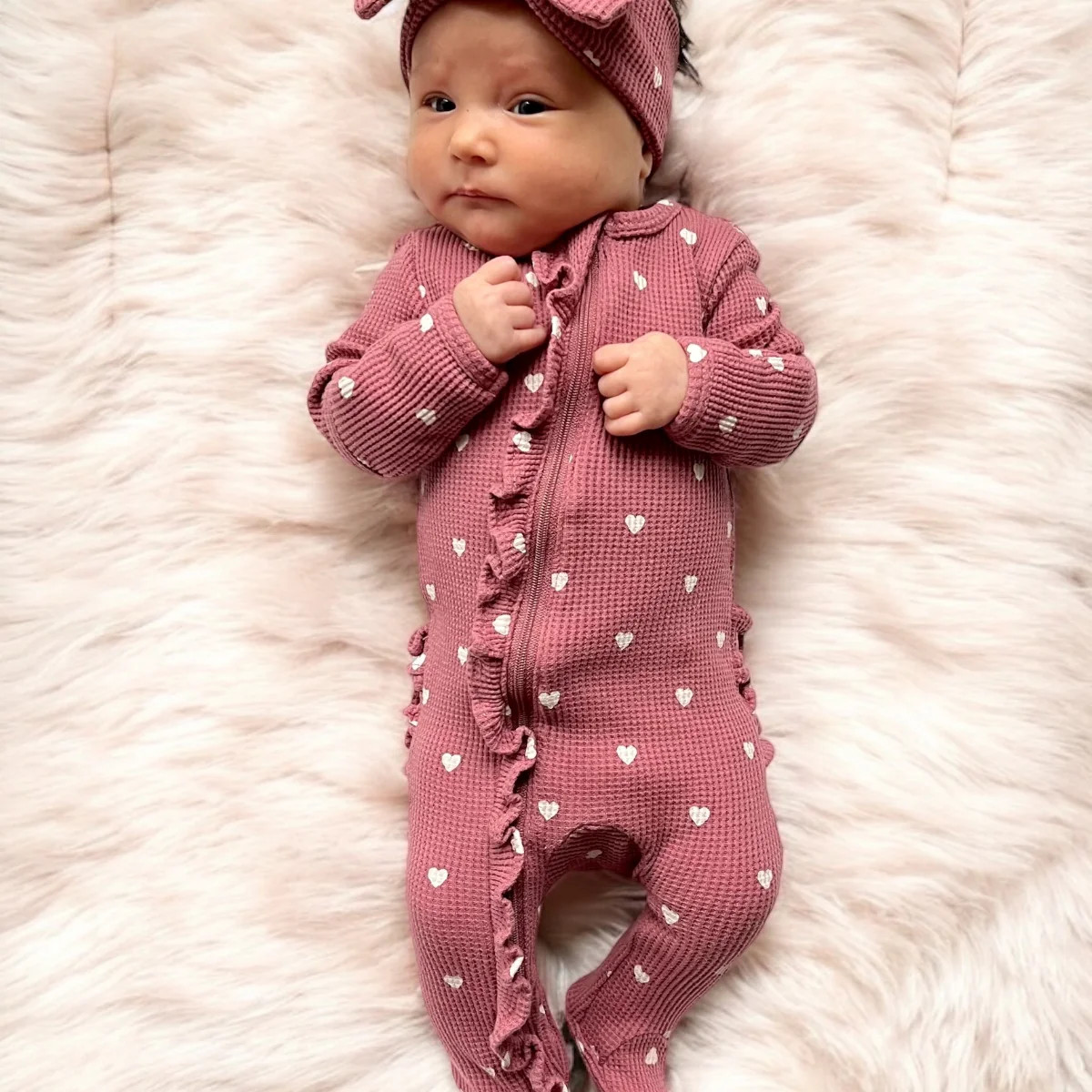 Organic Waffle Ruffle Zip Footie, Mauve Heart | SpearmintLOVE
