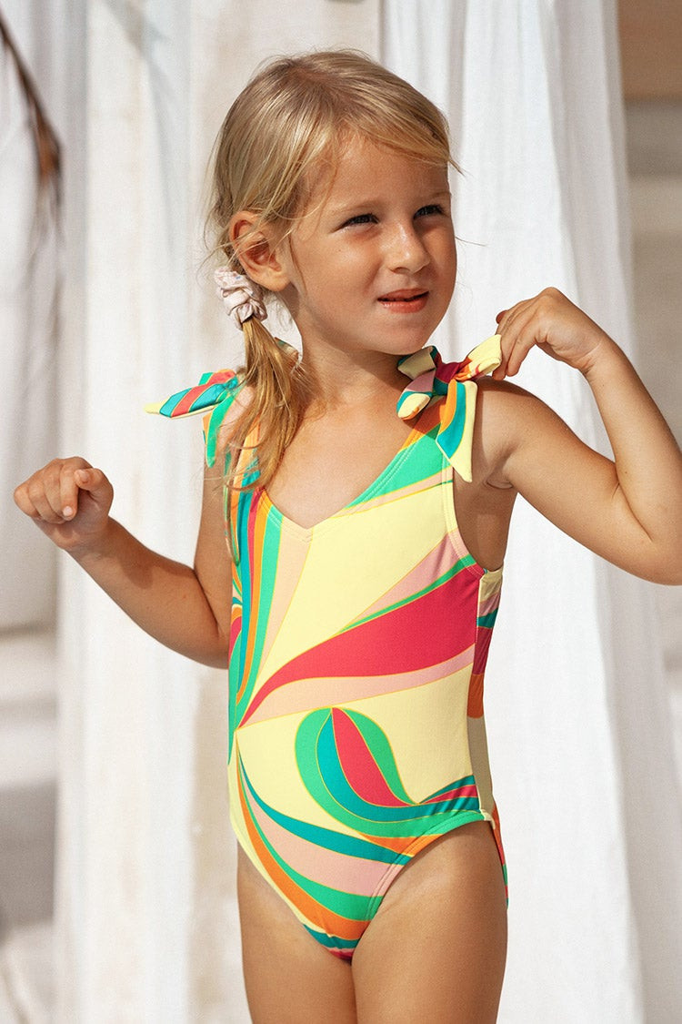 Girls' Dancing Ribbon Shoulder Tie V Neck One Piece Swimsuit | Cupshe