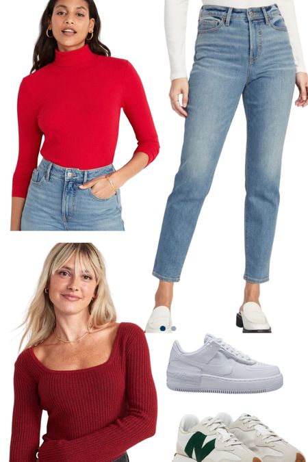 Causal Holiday outfit! High waisted jeans with a holiday red sweater and white sneakers. #newbalance #runningshoes #christmasoutfit #holidayoutfit #christmasfashion

#LTKSeasonal #LTKHoliday #LTKunder50