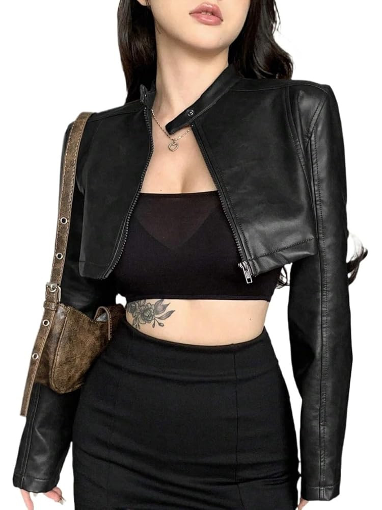 fall jackets for women Front Zipper Long Sleeve Casual PU Jacket Short Coat | Amazon (US)