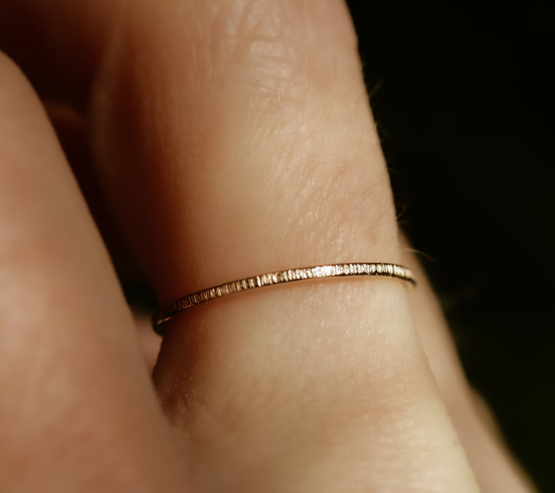 ultra thin band dainty etched ring solid gold band sterling silver textured band stackable stacki... | Etsy (US)