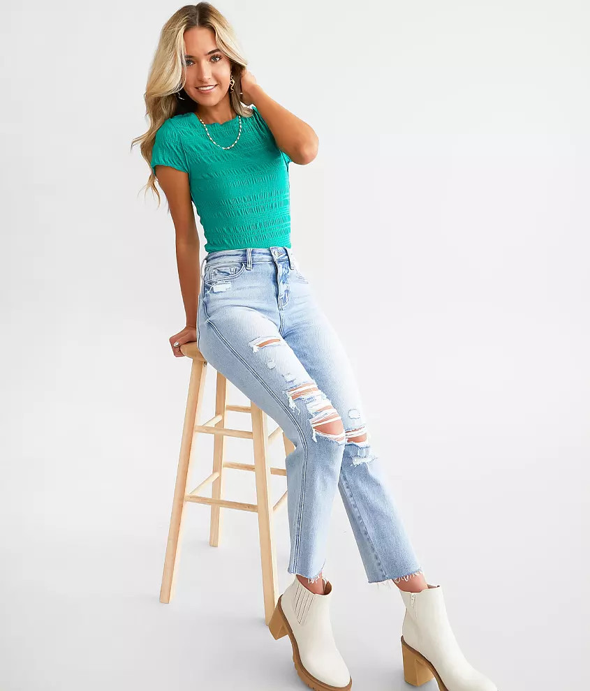 High Rise Cropped Straight Stretch Jean | Buckle