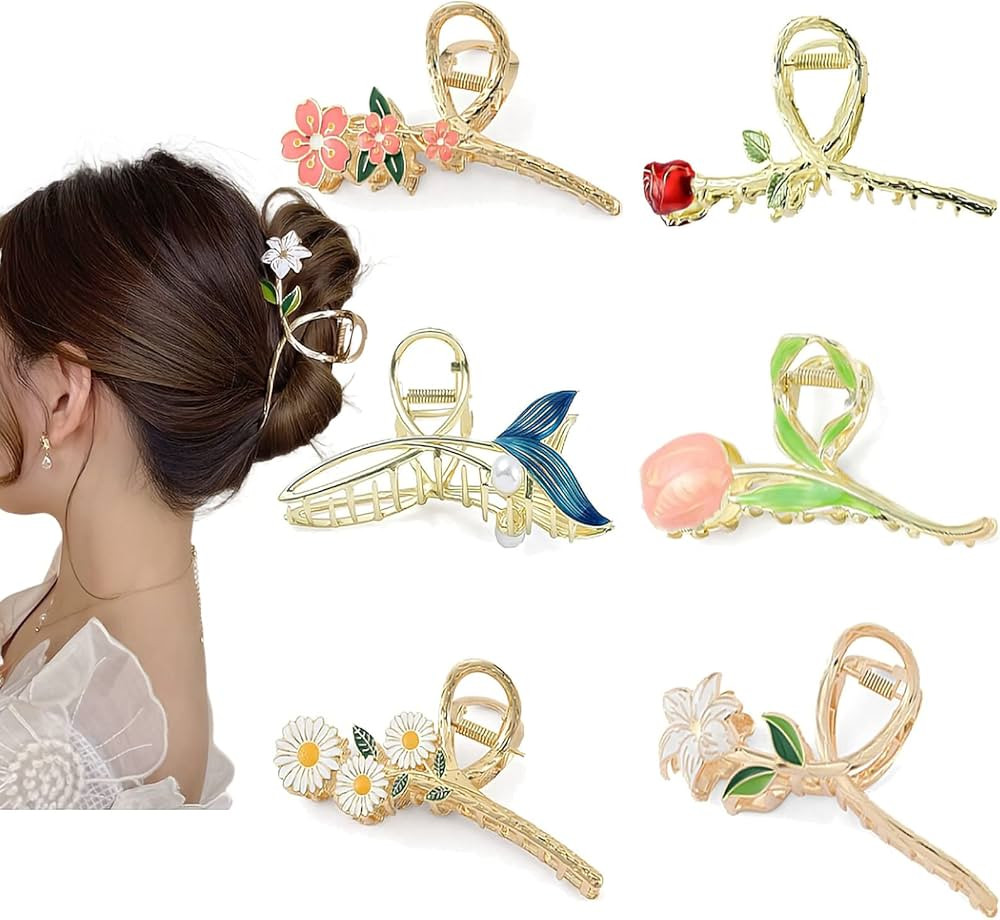 ORGUNE 6 Pcs Large Cute Metal Flower Claw Hair Clips,Nonslip Gold Claw Hair Clip, Strong Hold Fas... | Amazon (US)