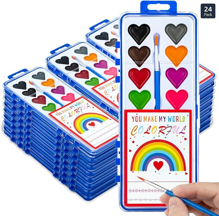 Valentines Day Gifts for Kids, 24 Pack Watercolor Paint Set with Paintbrush for Kids, Prizes Exch... | Amazon (US)