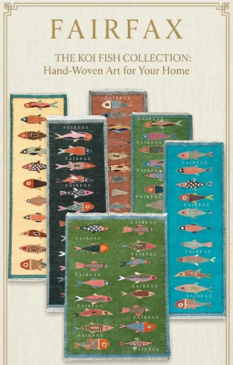 Hand Knotted Fish Wool Rug | Koi Coastal Carpet | Green Cream Black Whimsical Art Rug | Etsy (US)