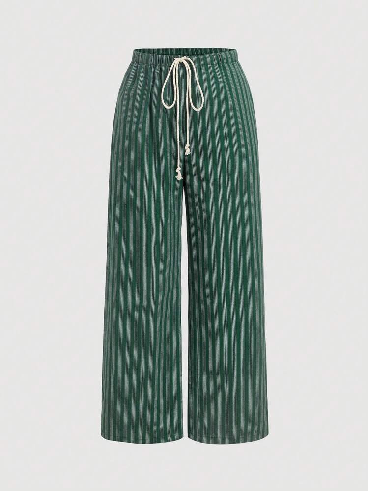 SHEIN MOD Plus Size Versatile Casual Simple Cotton Rope Tie Waist Green Striped Wide Leg Pants | SHEIN