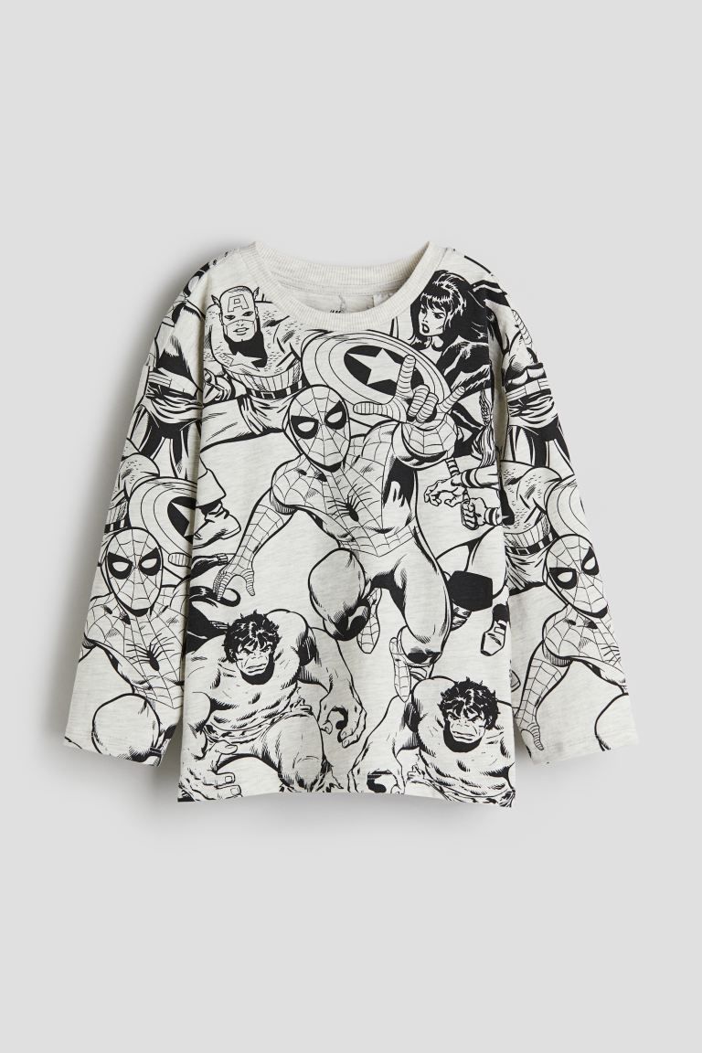 Printed Long-sleeved T-shirt - Gray melange/Marvel Comics - Kids | H&M US | H&M (US + CA)