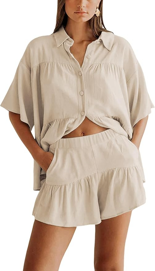 Qiaomai Womens 2 Piece Outfits Summer Ruffled Shirt and High Waist Shorts Sweatsuit Set | Amazon (US)
