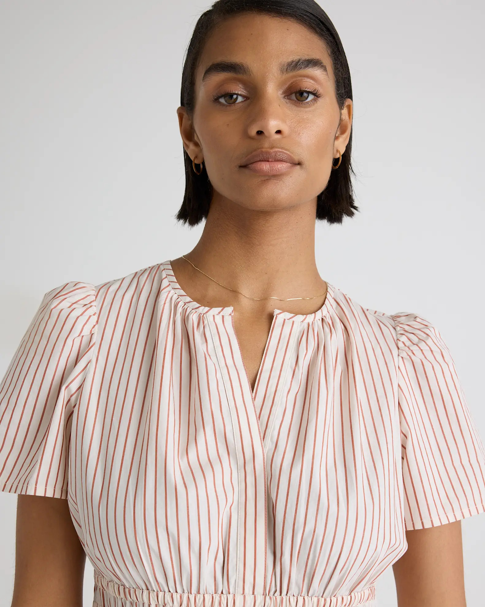 100% Organic Cotton Poplin Tiered Mini Dress in Terracotta Stripe | Quince