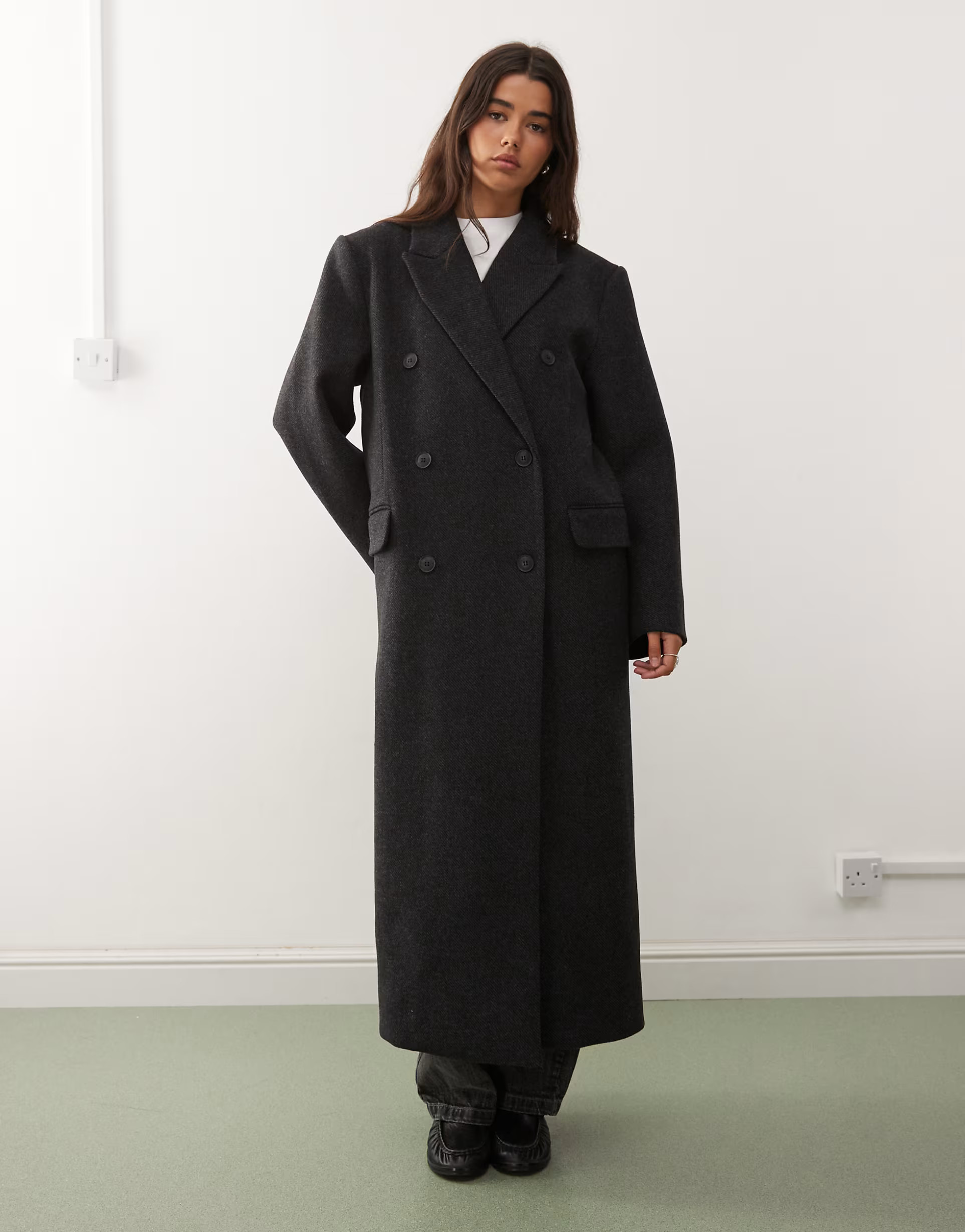 Weekday Logan wool blend oversized knee length coat in dark grey melange | ASOS (Global)