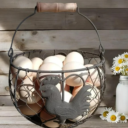 Wire Chicken Egg Basket for Gathering Fresh Eggs,Round Metal Egg Collecting Basket with Handle for Farmhouse Countertop Storage, Rustic Rooster Kitchen Décor Gift | Walmart (US)