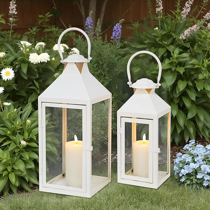 JHY DESIGN Set of 2 Cream Decorative Lanterns 17.5inch&13.5inch Metal Candle Lanterns for Indoor ... | Amazon (US)