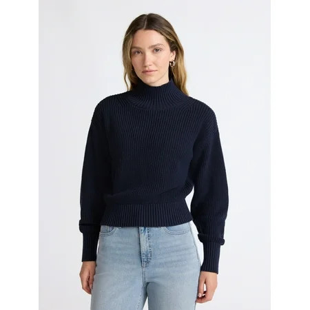 Scoop Women’s Cotton Boxy Ribbed Turtleneck Sweater, Midweight, Size XS-XXL | Walmart (US)
