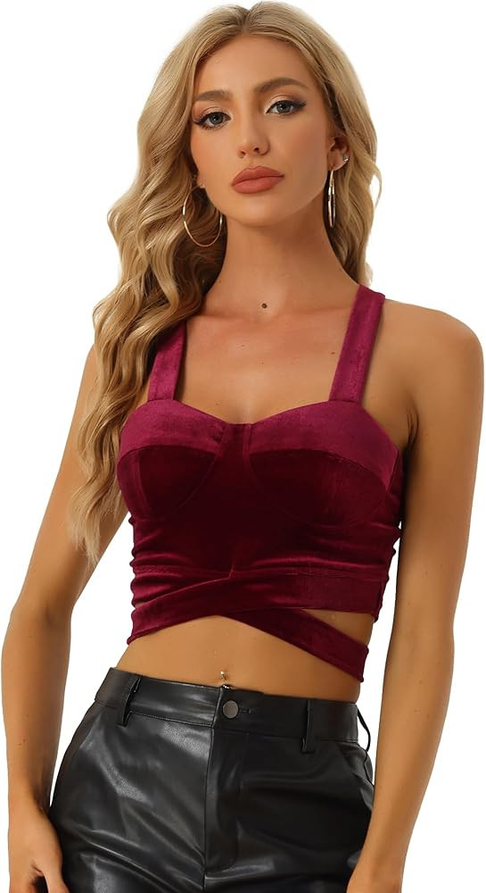 Allegra K Velvet Cami Tank Tops for Women's Christmas Sleeveless Spaghetti Strap Deep V Sexy Crop... | Amazon (US)