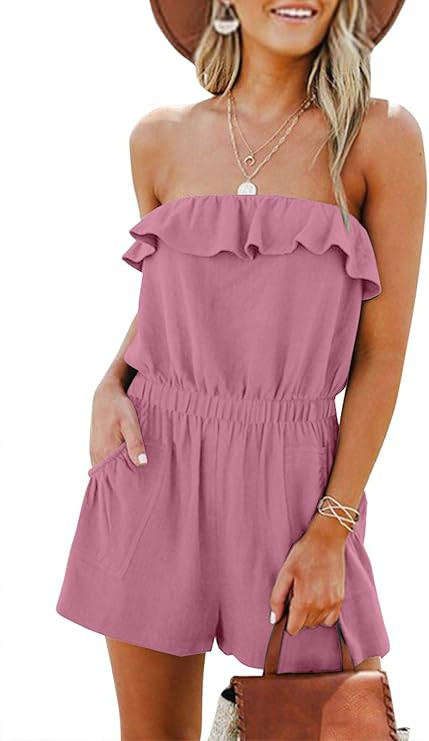 LEANI Women’s Summer Off Shoulder Ruffle Rompers Strapless Elastic Waist Short Jumpsuit | Amazon (US)