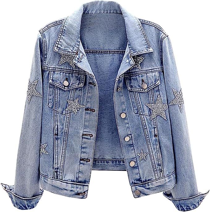 SCOFEEL Women's Star Embroidered Jean Jackets Button Down Denim Jacket Coat | Amazon (US)