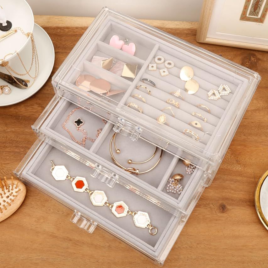 Mebbay Acrylic Jewelry Box with 4 Drawers, Velvet Jewelry Organizer for Earring Necklace Ring & Brac | Amazon (US)