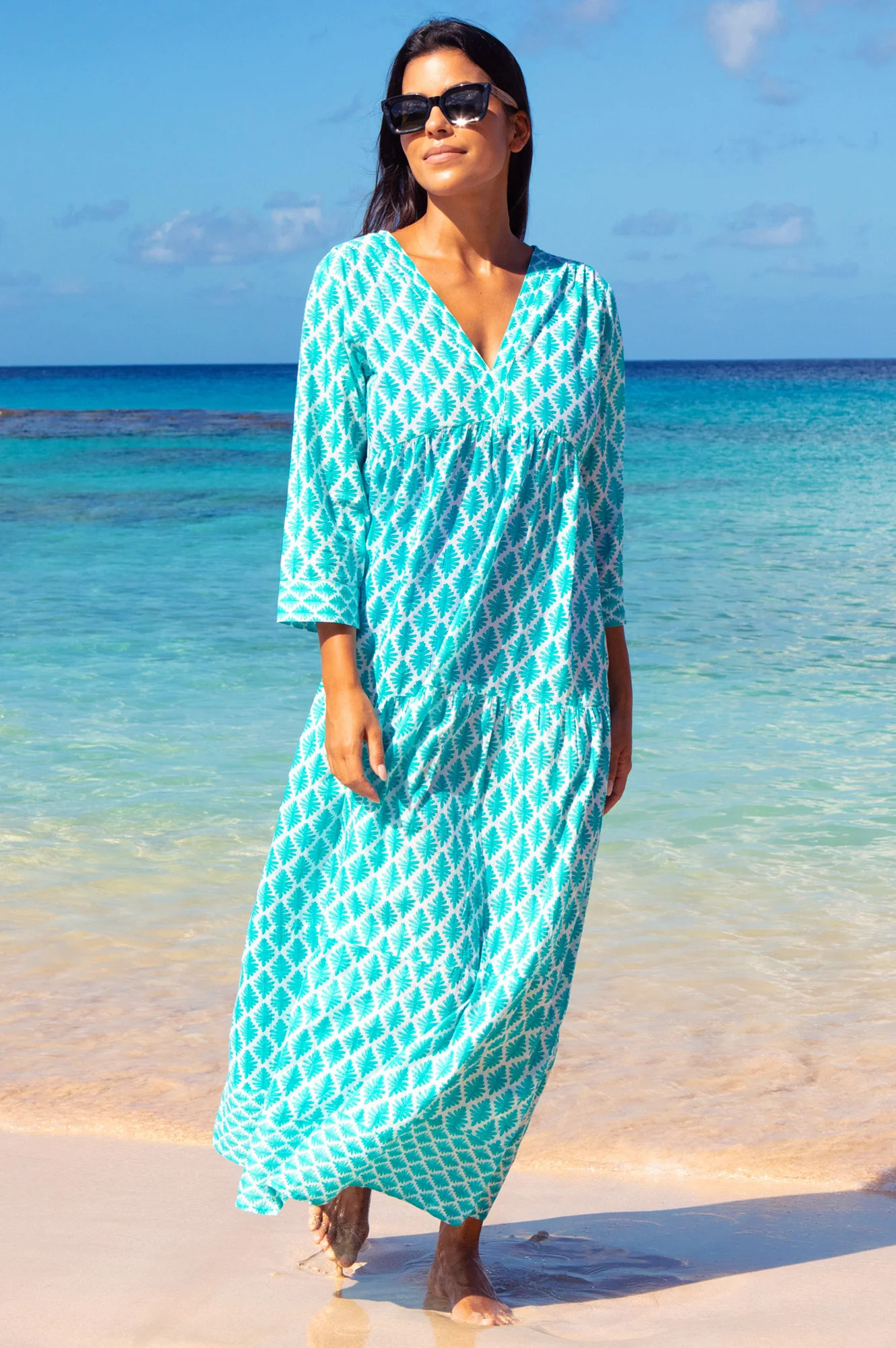 Mykonos Organic Cotton Maxi Beach Dress | Palm White/Turquoise | Aspiga US