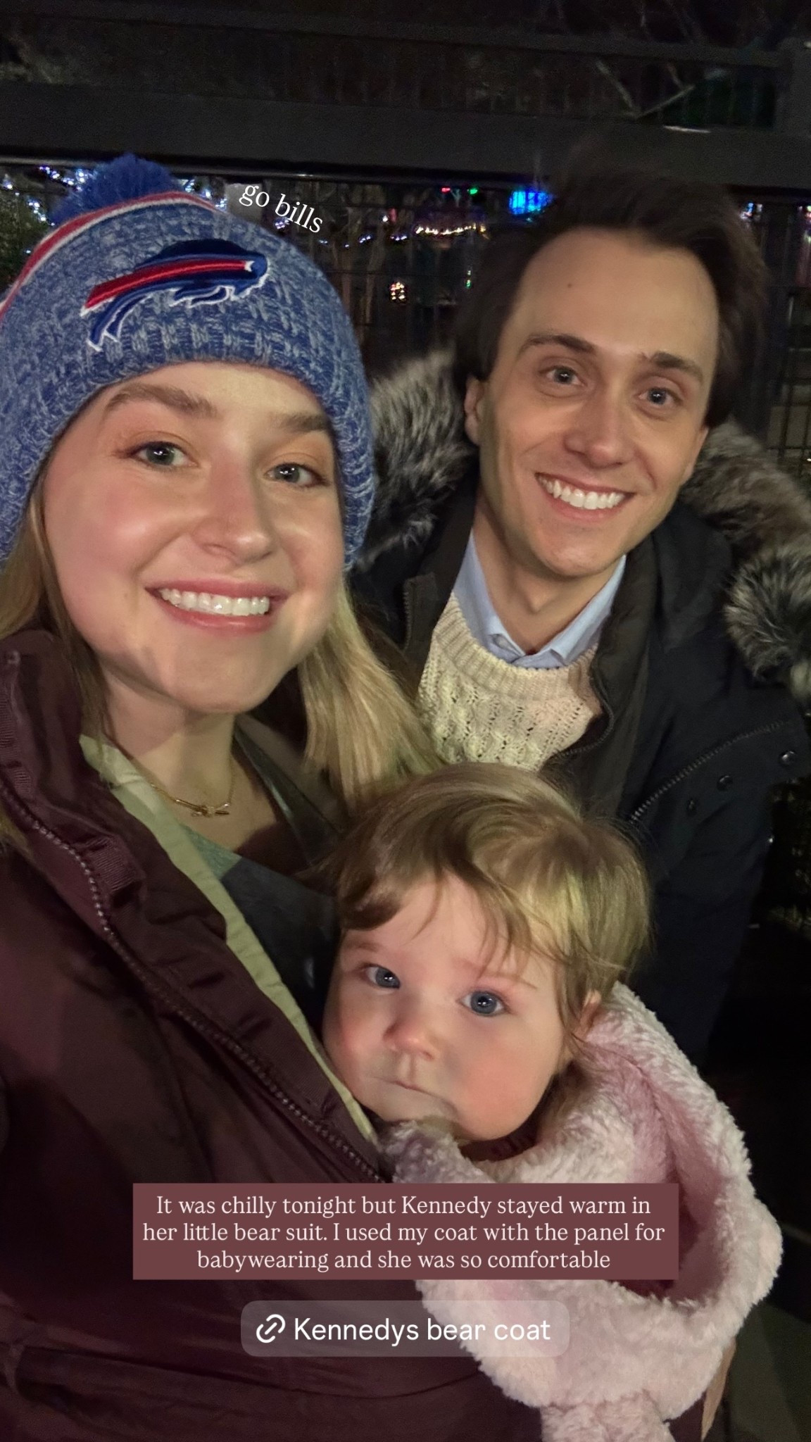 go bills It was chilly tonight but Kennedy stayed warm in her little bear suit. I used my coat with the panel for babywearing and she was so comfortable
