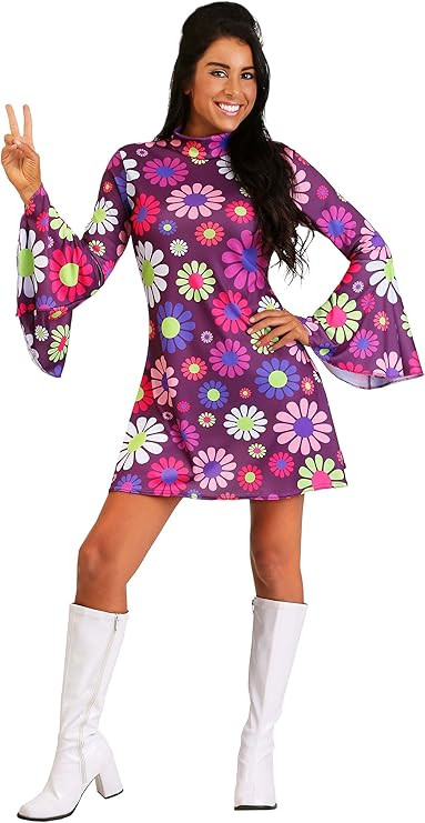 Flower Power Groovy Costume for Women, Retro 60s 70s Hippie Outfit, Disco Dress for Dress-Up & Ha... | Amazon (US)