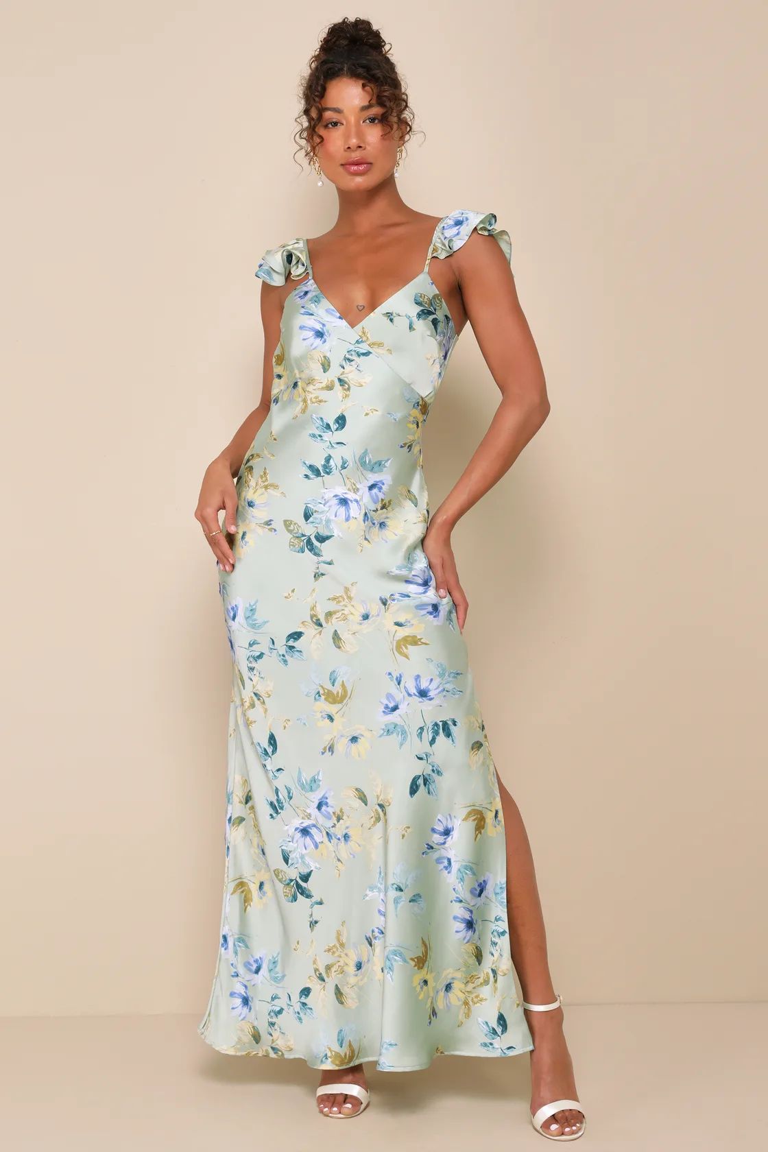 Captivating Grace Sage Green Floral Satin Ruffled Maxi Dress | Lulus
